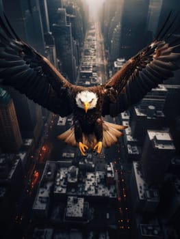A bald eagle soars over city buildings. The bald eagle is the national symbol of the United States.