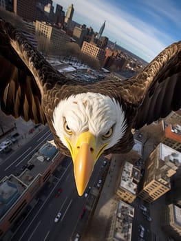 A bald eagle soars over city buildings. The bald eagle is the national symbol of the United States.
