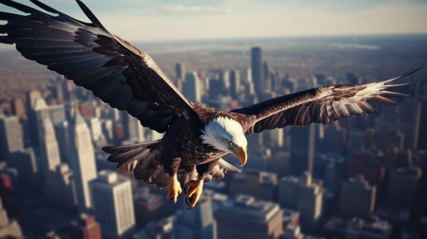 A bald eagle soars over city buildings. The bald eagle is the national symbol of the United States.