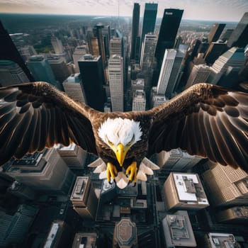 A bald eagle soars over city buildings. The bald eagle is the national symbol of the United States.