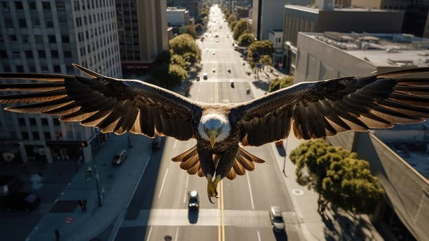 A bald eagle soars over city buildings. The bald eagle is the national symbol of the United States.