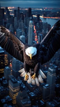 A bald eagle soars over city buildings. The bald eagle is the national symbol of the United States.