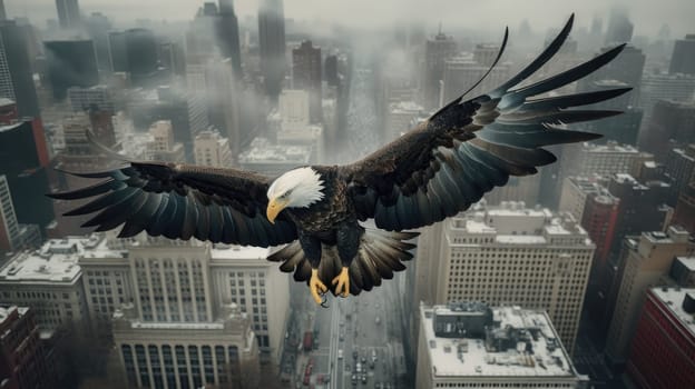 A bald eagle soars over city buildings. The bald eagle is the national symbol of the United States.