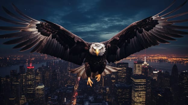 A bald eagle soars over city buildings. The bald eagle is the national symbol of the United States.