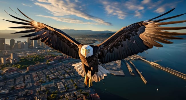 A bald eagle soars over city buildings. The bald eagle is the national symbol of the United States.