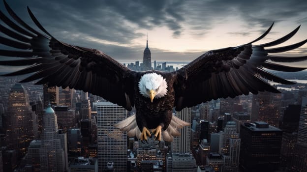 A bald eagle soars over city buildings. The bald eagle is the national symbol of the United States.