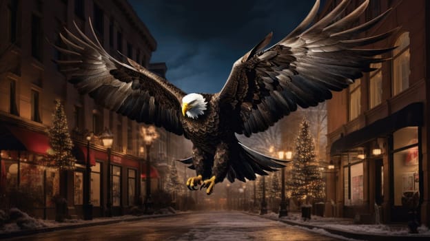 A bald eagle soars over city buildings. The bald eagle is the national symbol of the United States.