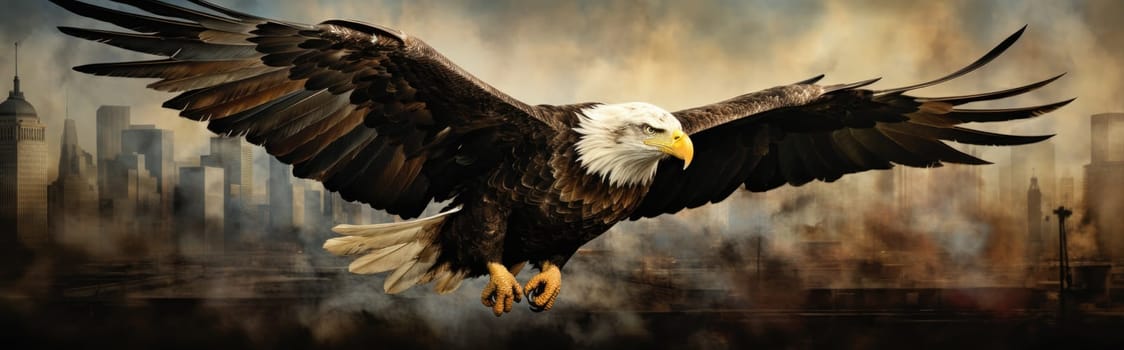 A bald eagle soars over city buildings. The bald eagle is the national symbol of the United States.