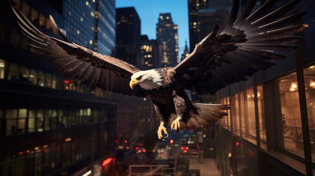 A bald eagle soars over city buildings. The bald eagle is the national symbol of the United States.