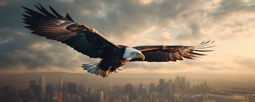 A bald eagle soars over city buildings. The bald eagle is the national symbol of the United States.