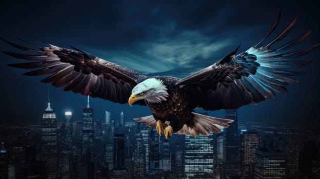 A bald eagle soars over city buildings. The bald eagle is the national symbol of the United States.