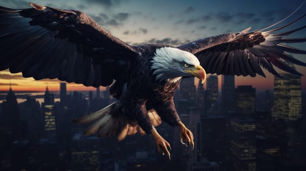 A bald eagle soars over city buildings. The bald eagle is the national symbol of the United States.