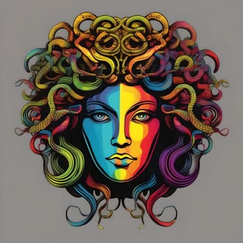 Abstract portrait of a young woman with multi-colored long curly hair, colorful paint on the face. AI generated.