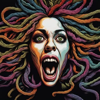 Abstract portrait of a young woman with multi-colored long curly hair, colorful paint on the face screaming in terror. AI generated.