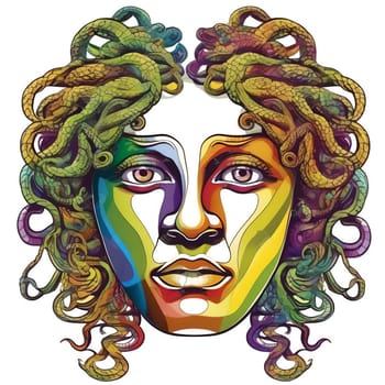 Abstract portrait of a young female with multi-colored long curly hair, colorful paint on the face. AI generated.