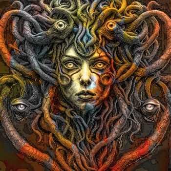 Abstract portrait of a young Medusa like female with multi-colored long curly hair, colorful paint on the face. AI generated.