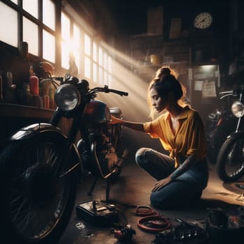 young sexy mixed race woman in a dark garage repair motorcycle , dim warm light generative ai art