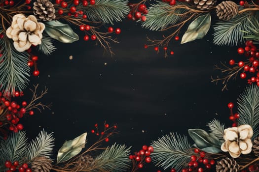 Frame for Christmas party invitations, rectangle, retro winter theme, Christmas leaves, felt blanket, fairy lights, cozy atmosphere, Christmas tree and incandescent Christmas lights by Generative AI.