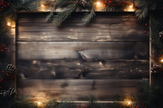 Frame for Christmas party invitations, rectangle, retro winter theme, Christmas leaves, felt blanket, fairy lights, cozy atmosphere, Christmas tree and incandescent Christmas lights by Generative AI.