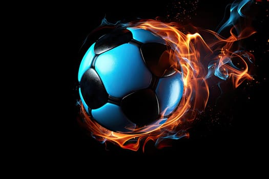 Soccer ball in action, The ball travels with lightning speed and glowing orange flame effects. Fire soccer ball effect with fire.by generated AI.