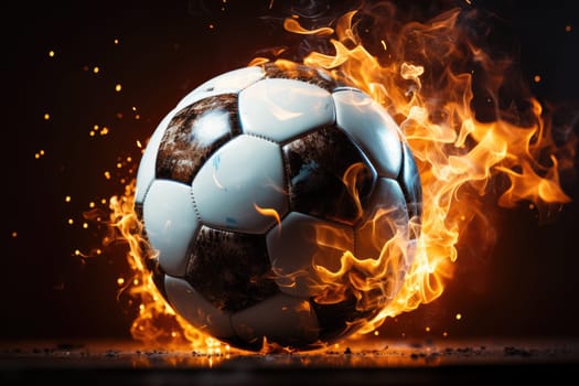 Soccer ball in action, The ball travels with lightning speed and glowing orange flame effects. Fire soccer ball effect with fire.by generated AI.