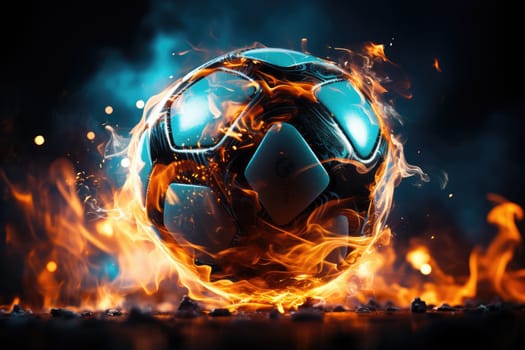 Soccer ball in action, The ball travels with lightning speed and glowing orange flame effects. Fire soccer ball effect with fire.by generated AI.