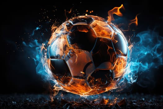 Soccer ball in action, The ball travels with lightning speed and glowing orange flame effects. Fire soccer ball effect with fire.by generated AI.