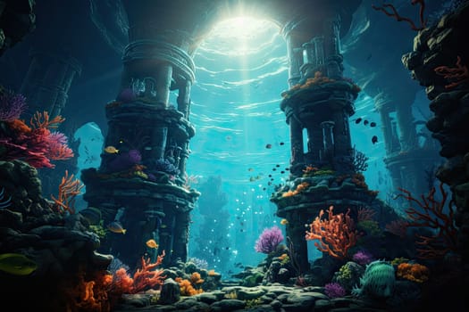 An image capturing an aquatic environment of stone pillars, vibrant fish, lively coral reef, and a vast expanse of deep blue sea.by Generative AI.