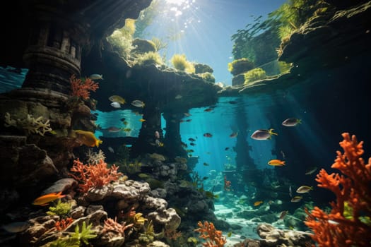 An image capturing an aquatic environment of stone pillars, vibrant fish, lively coral reef, and a vast expanse of deep blue sea.by Generative AI.