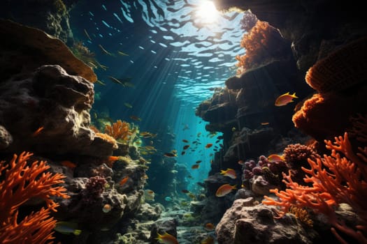 An image capturing an aquatic environment of stone pillars, vibrant fish, lively coral reef, and a vast expanse of deep blue sea.by Generative AI.