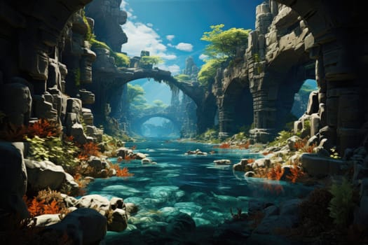 An image capturing an aquatic environment of stone pillars, vibrant fish, lively coral reef, and a vast expanse of deep blue sea.by Generative AI.