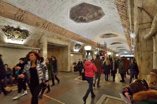 Moscow, Russia - FEB 20. 2020. Many passengers at the Novokuznetskaya metro station