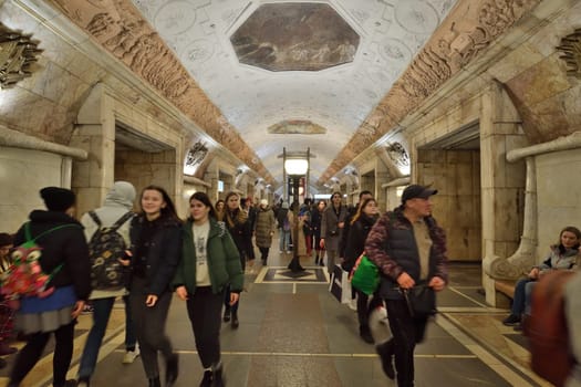 Moscow, Russia - FEB 20. 2020. Many passengers at the Novokuznetskaya metro station