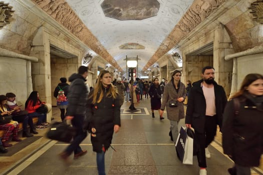 Moscow, Russia - FEB 20. 2020. Many passengers at the Novokuznetskaya metro station