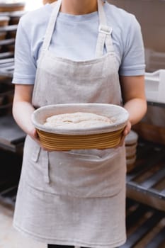 Hands of a baker holding dough in a wooden mold, against the backdrop of a bakery and workplace. prepares ecologically natural baked goods.
