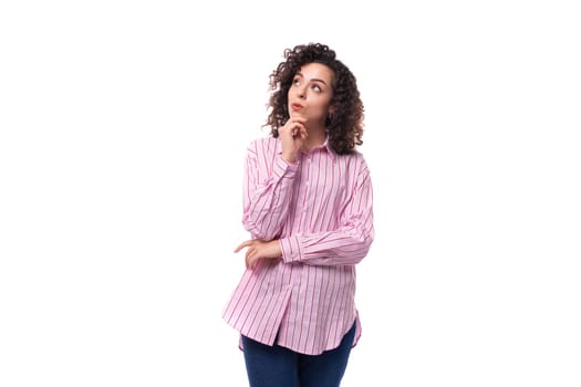 young office worker woman dressed in a striped pink shirt on a white background.
