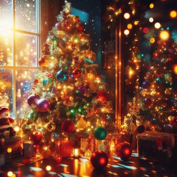 Interior Christmas. magic glowing tree, gifts in dark at night. High quality photo.