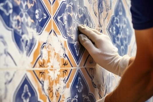 Professional tiler installing wall tile at home. hands of the tiler are laying yellow ceramic tile on the wall. ai generated
