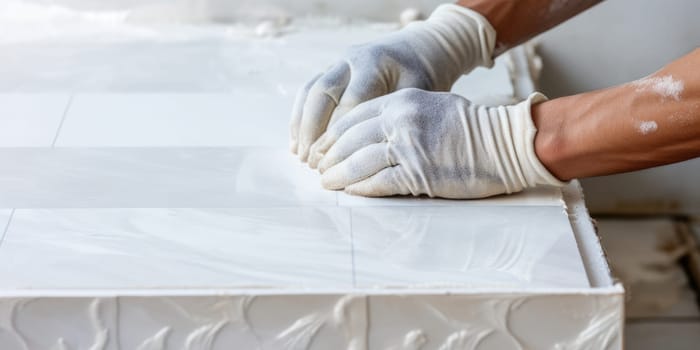 Professional tiler installing wall tile at home. hands of the tiler are laying white ceramic tile on the wall. ai generated