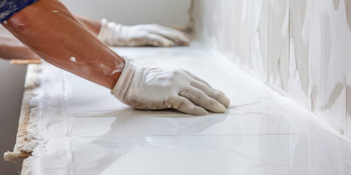 Professional tiler installing wall tile at home. hands of the tiler are laying white ceramic tile on the wall. ai generated