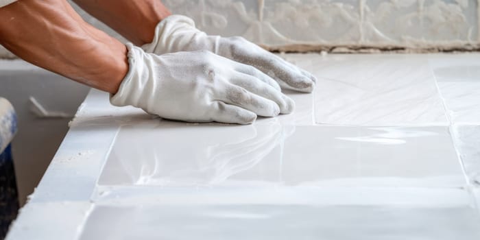 Professional tiler installing wall tile at home. hands of the tiler are laying white ceramic tile on the wall. ai generated