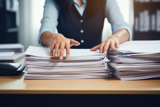 Business Documents concept : Employee woman hands working in Stacks paper files. ai generated