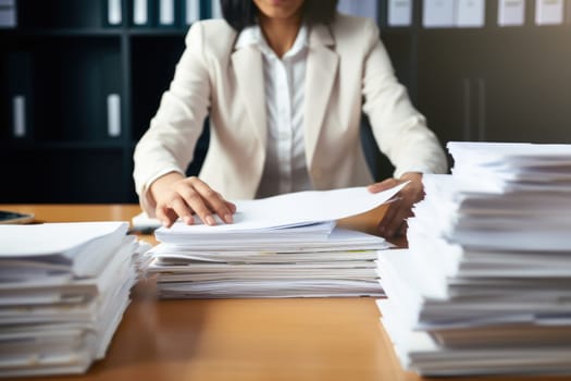 Business Documents concept : Employee woman hands working in Stacks paper files. ai generated