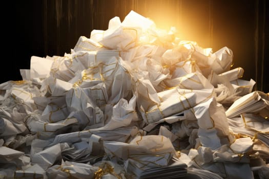 bundles bales of paper documents. stacks packs pile on the desk in the office. big pile of papers with sunshine. ai generated