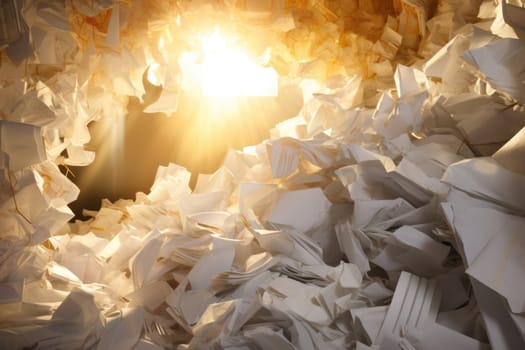bundles bales of paper documents. stacks packs pile on the desk in the office. big pile of papers with sunshine. ai generated
