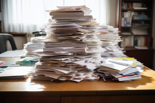 bundles bales of paper documents. stacks packs pile on the desk in the office. ai generated