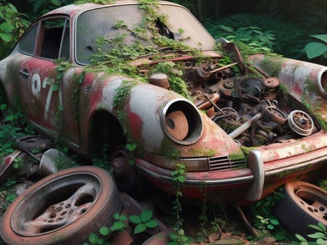 Abandoned rusty expensive atmospheric super car as circulation banned for co2 emission 2030 agenda , severe damage, broken parts, plants overgrowth bloom flowers. ai generated