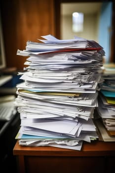 Tall stack of file folders, each filled with paperwork. ai generated