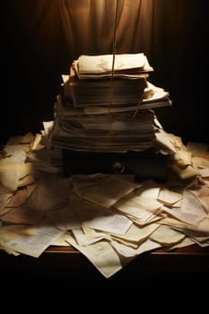 bundles bales of paper documents. stacks packs pile on the desk in the office. ai generated