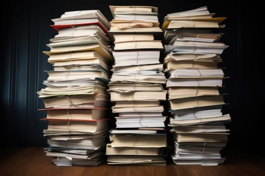 bundles bales of paper documents. stacks packs pile on the desk in the office. ai generated